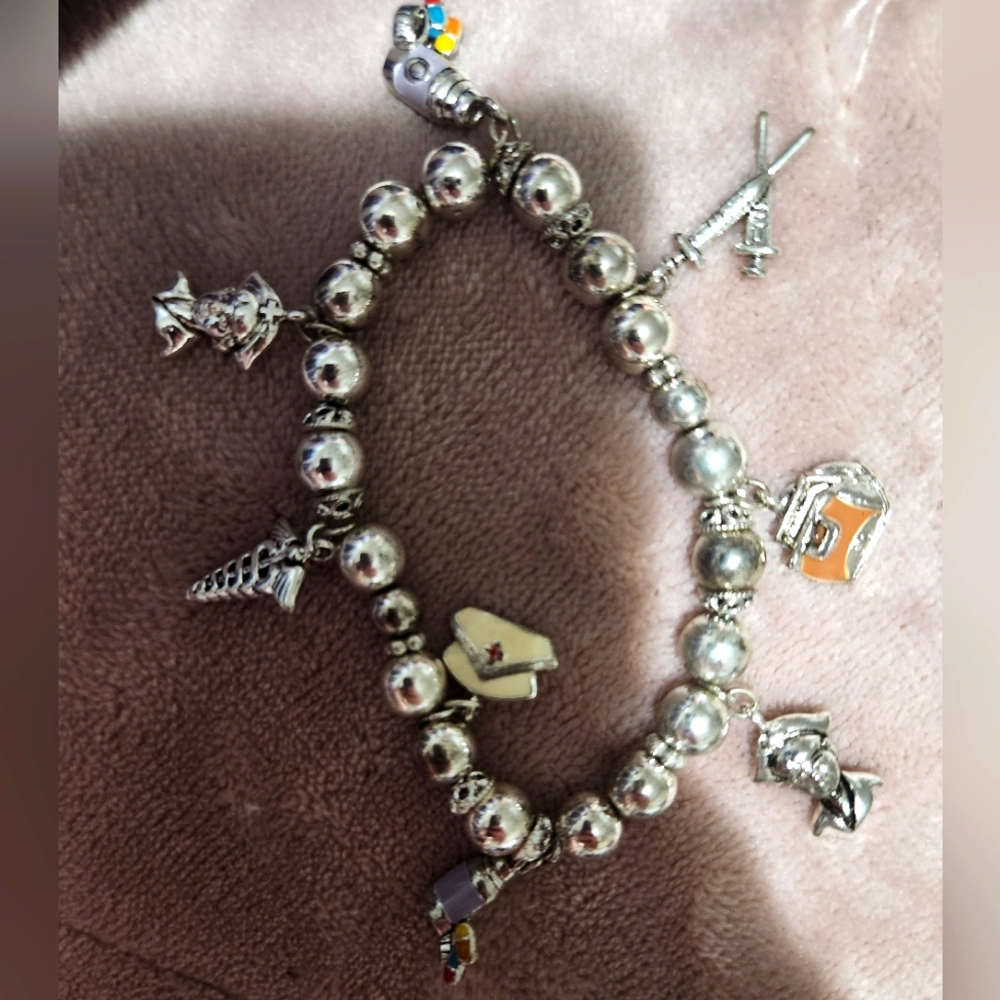 Silver color beaded Nurse Charms Elastic 7" Bracelet stretchy